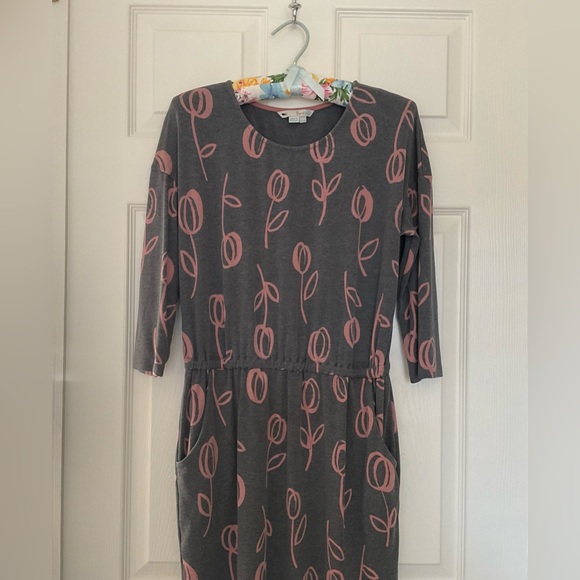 Boden Dress Hettie Tulip Pattern Gray Pink Pockets 3/4 Sleeve Elastic at Waist 6 - Picture 2 of 6